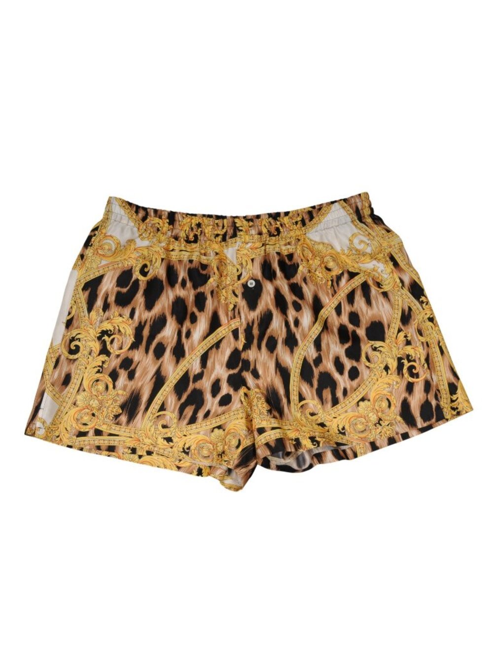 Versace Leopard Print Brocade Boxer Shorts Sz 6 US XL 100% Silk Gold Brown Black